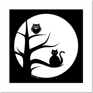 Cute Cat and Owl in Tree, Silhoutte against Full Moon Posters and Art